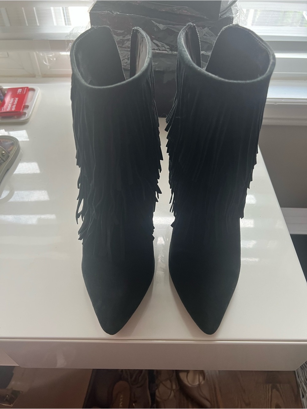 Steve Madden Black Suede Fringe Pointed-Toe Ankle Boots